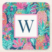 Preppy Pink Teal Navy Blue Pineapple Monogram Rechteckiger Pappuntersetzer (Vorderseite)