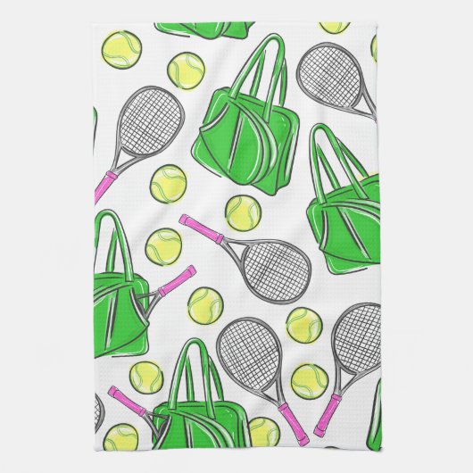 Preppy Pink Tennis Racquet Grünes Muster Geschirrtuch (Vertikal)