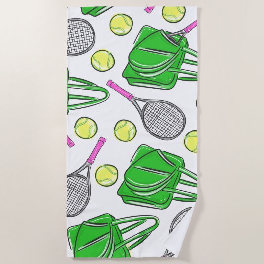 Preppy Pink Tennis Racquet Grünes Muster Strandtuch (Vorderseite)