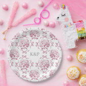 Preppy Pink Toile Hydrangea Bow mit Namen Pappteller (Party)