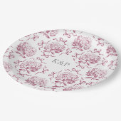 Preppy Pink Toile Hydrangea Bow mit Namen Pappteller (Schrägansicht)