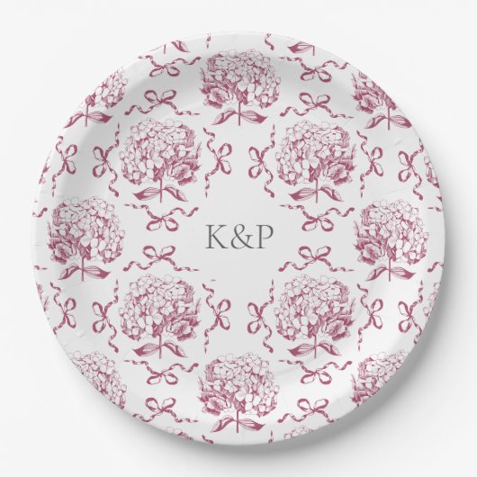 Preppy Pink Toile Hydrangea Bow mit Namen Pappteller (Vorderseite)