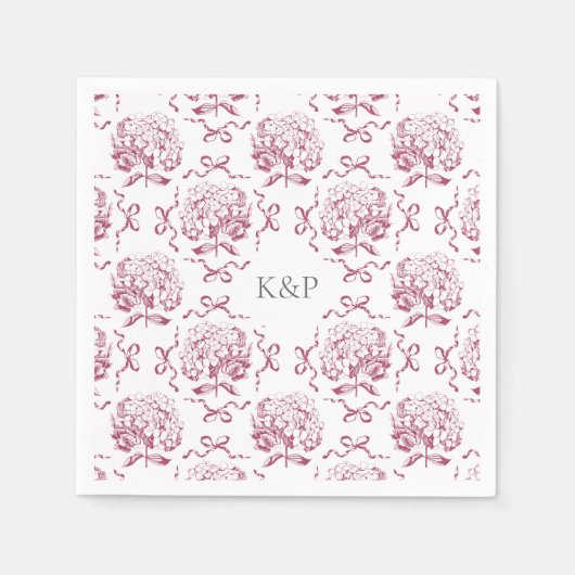 Preppy Pink Toile Hydrangea Bow mit Namen Serviette (Vorderseite)