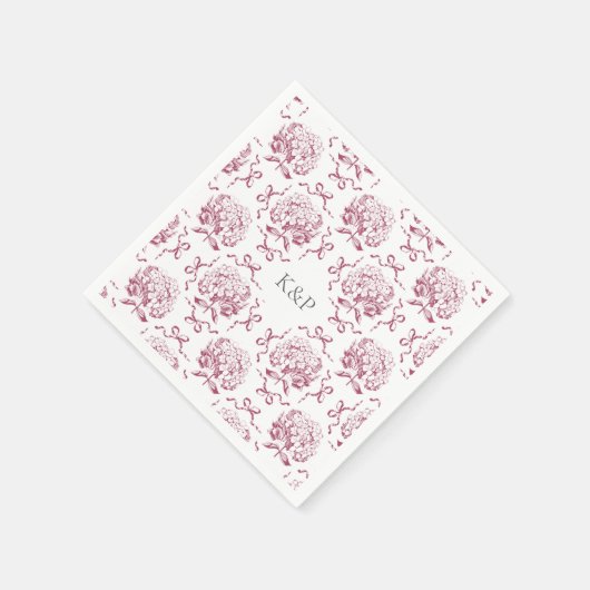 Preppy Pink Toile Hydrangea Bow mit Namen Serviette (Ecke)