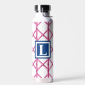 Preppy Pink Trellis Bamboo Pattern Navy Monogram Trinkflasche (Links)