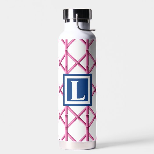 Preppy Pink Trellis Bamboo Pattern Navy Monogram Trinkflasche (Links)
