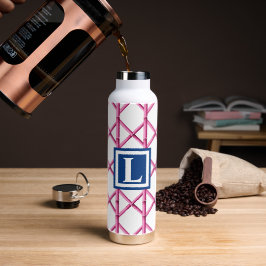 Preppy Pink Trellis Bamboo Pattern Navy Monogram Trinkflasche