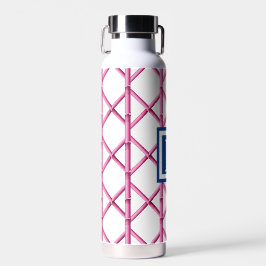 Preppy Pink Trellis Bamboo Pattern Navy Monogram Trinkflasche