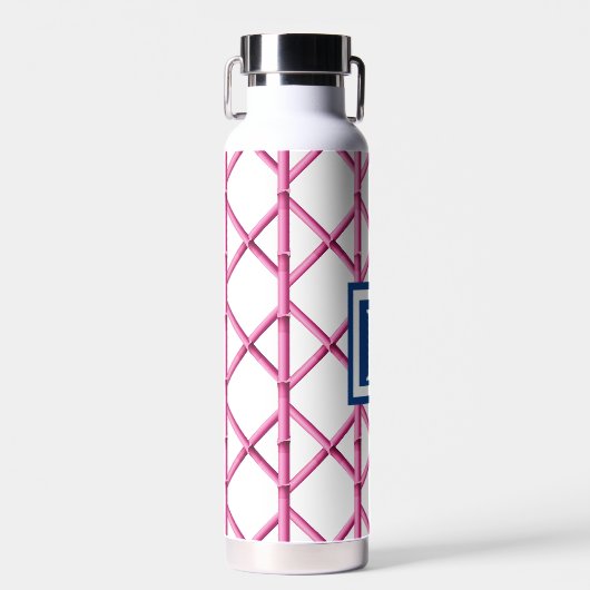 Preppy Pink Trellis Bamboo Pattern Navy Monogram Trinkflasche (Vorne)