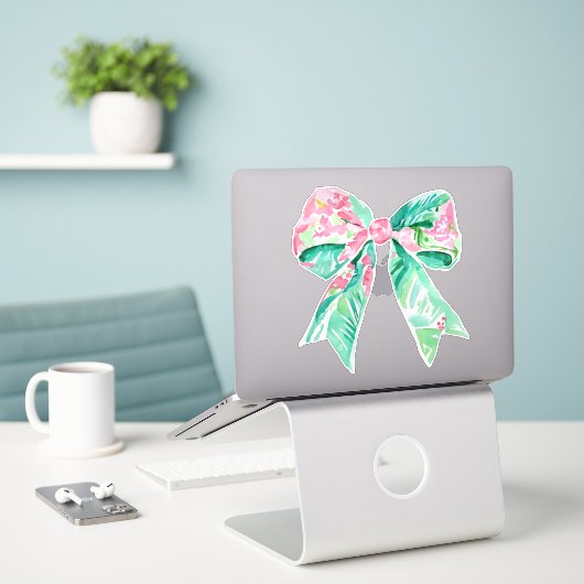Preppy Pink und Aqua Floral Bow Aufkleber (Laptop auf Schreibtisch)