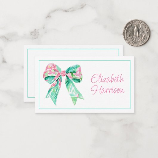 Preppy Pink und Aqua Floral Bow Mitteilungskarte (Vorderseite/Rückseite Beispiel)