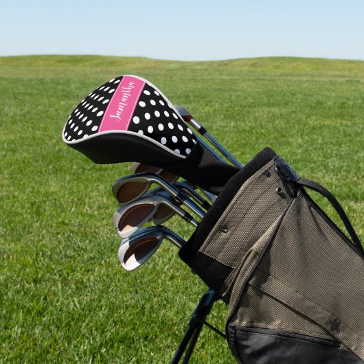 Preppy Pink und Black Polka Dots Personalisiert Golf Headcover (In SItu)