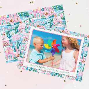 Preppy Pink und Blue Christmas Village Foto Feiertagskarte