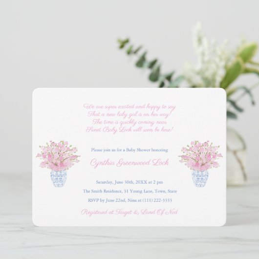 Preppy Pink und Blue Little Girl Baby Dusche Party Einladung (Stehend Vorderseite)