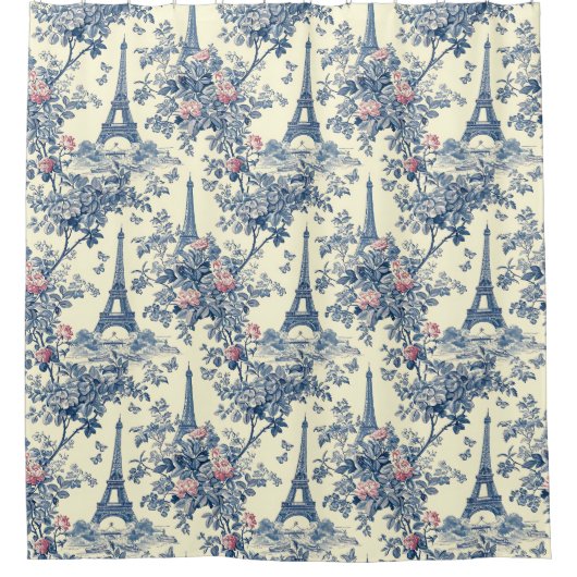Preppy Pink und Blue Pariser Eiffelturm Duschvorhang (Vorderseite)
