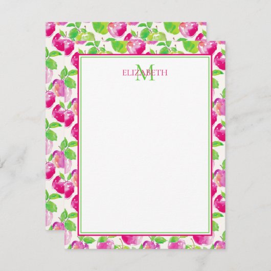 Preppy Pink und Green Apples Monogram Begleitkarte (Vorne/Hinten)