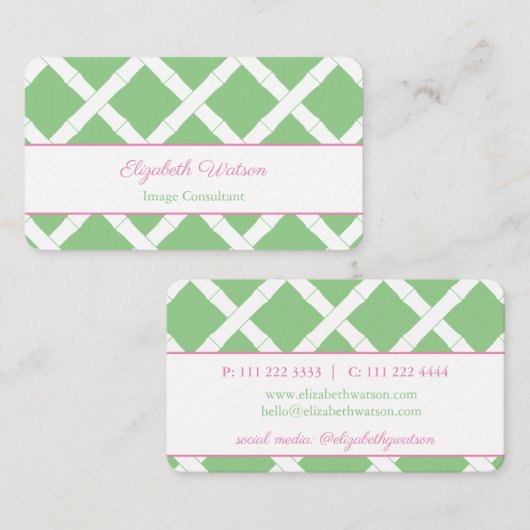 Preppy Pink und Green Bamboo Trellis Visitenkarte (Vorne/Hinten)