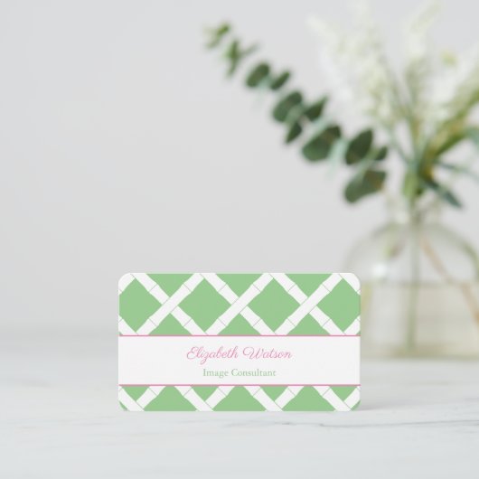 Preppy Pink und Green Bamboo Trellis Visitenkarte (Stehend Vorderseite)