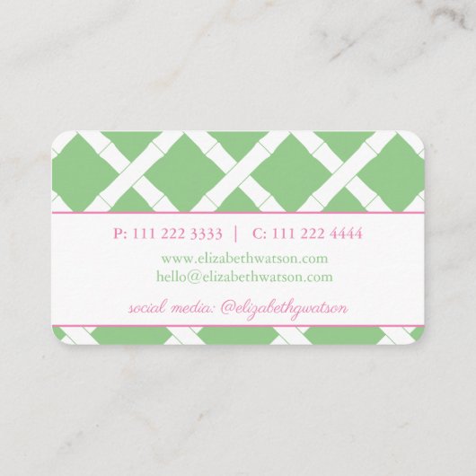 Preppy Pink und Green Bamboo Trellis Visitenkarte (Rückseite)