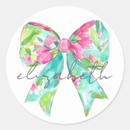 Preppy Pink und Green Bow Personalisiert Runder Aufkleber