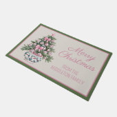 Preppy Pink und Green Chinoiserie Weihnachtsbaum Fußmatte (Schrägansicht)