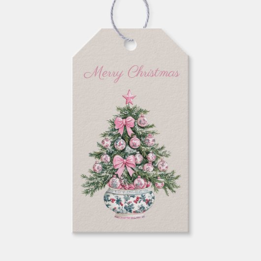 Preppy Pink und Green Chinoiserie Weihnachtsbaum Geschenkanhänger (Vorderseite)