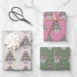 Preppy Pink und Green Chinoiserie Weihnachtsbaum Geschenkpapier Set