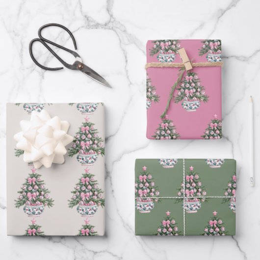 Preppy Pink und Green Chinoiserie Weihnachtsbaum Geschenkpapier Set (Vorderseite)