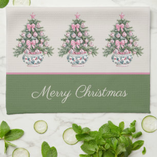 Preppy Pink und Green Chinoiserie Weihnachtsbaum Geschirrtuch
