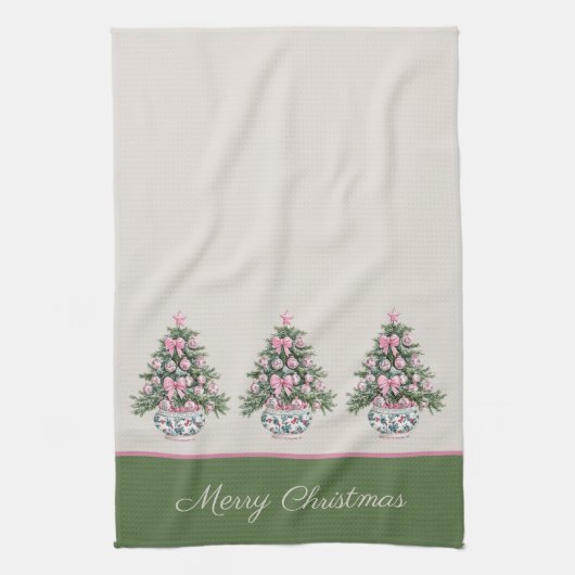 Preppy Pink und Green Chinoiserie Weihnachtsbaum Geschirrtuch (Vertikal)
