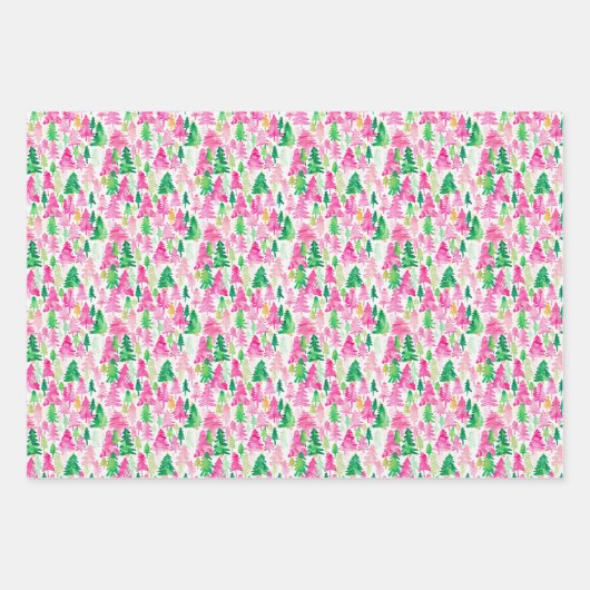 Preppy Pink und Green Christmas Trees Geschenkpapier Set (Vorderseite 2)