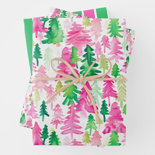 Preppy Pink und Green Christmas Trees Geschenkpapier Set (Beispiel)