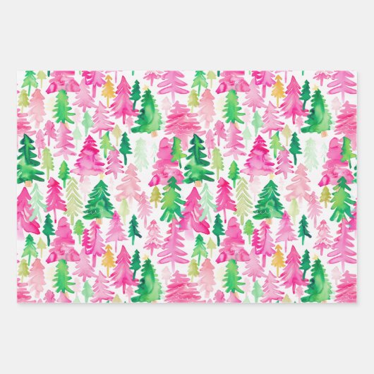 Preppy Pink und Green Christmas Trees Geschenkpapier Set (Vorderseite)