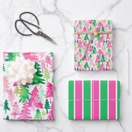 Preppy Pink und Green Christmas Trees Geschenkpapier Set
