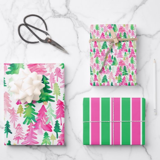 Preppy Pink und Green Christmas Trees Geschenkpapier Set (Vorderseite)