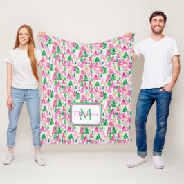 Preppy Pink und Green Christmas Trees Monogram Fleecedecke