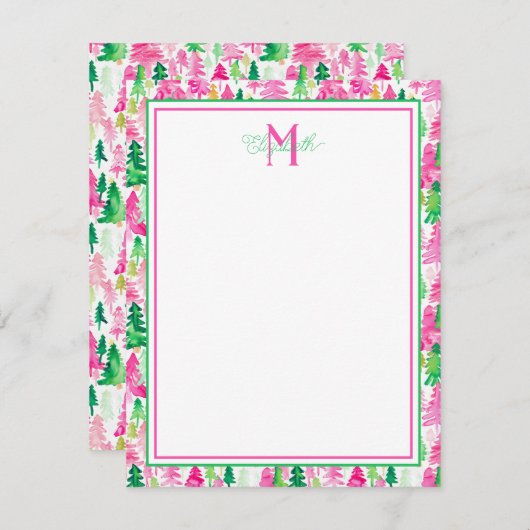 Preppy Pink und Green Christmas Trees Monogram Mitteilungskarte (Vorne/Hinten)