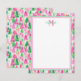 Preppy Pink und Green Christmas Trees Monogram Mitteilungskarte