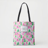Preppy Pink und Green Christmas Trees Monogram Tasche (Vorderseite)