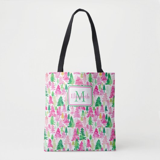 Preppy Pink und Green Christmas Trees Monogram Tasche (Vorderseite)