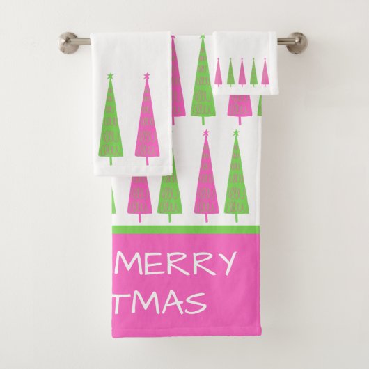 Preppy Pink und Green Christmas Trees Personalisie Badhandtuch Set (Insitu)
