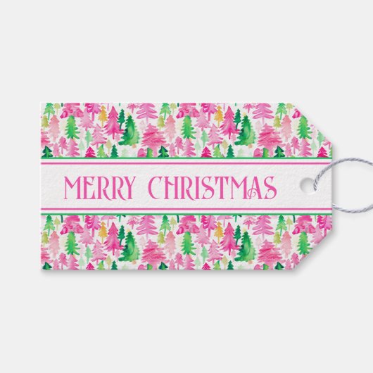 Preppy Pink und Green Christmas Trees Personalisie Geschenkanhänger (Vorderseite (Horizontal))