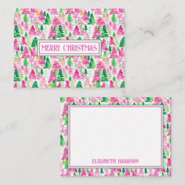 Preppy Pink und Green Christmas Trees Personalisie Mitteilungskarte