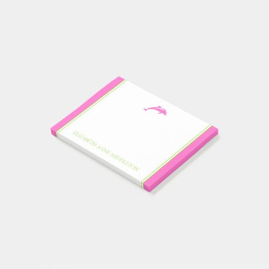 Preppy Pink und Green Delphin Personalisiert Post-it Klebezettel (angewinkelt)