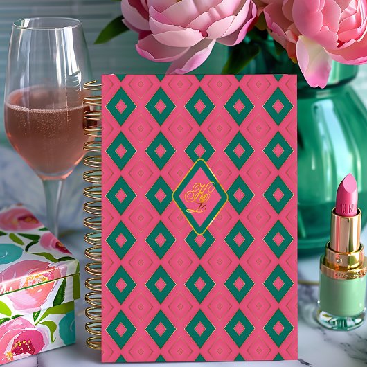 Preppy Pink und Green Diamond Motif Mit Monogramm Notizblock