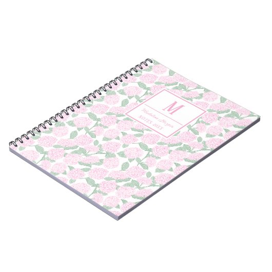 Preppy Pink und Green Hydrangeas Monogram Notizblock (Linke Seite)