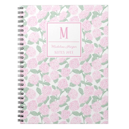 Preppy Pink und Green Hydrangeas Monogram Notizblock (Vorderseite)
