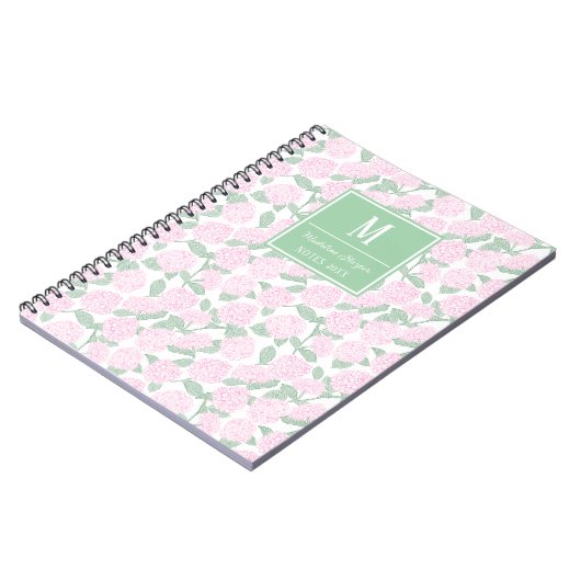 Preppy Pink und Green Hydrangeas Monogram Notizblock (Linke Seite)