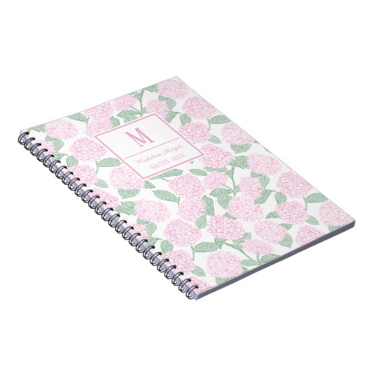 Preppy Pink und Green Hydrangeas Monogram Notizblock (Rechte Seite)