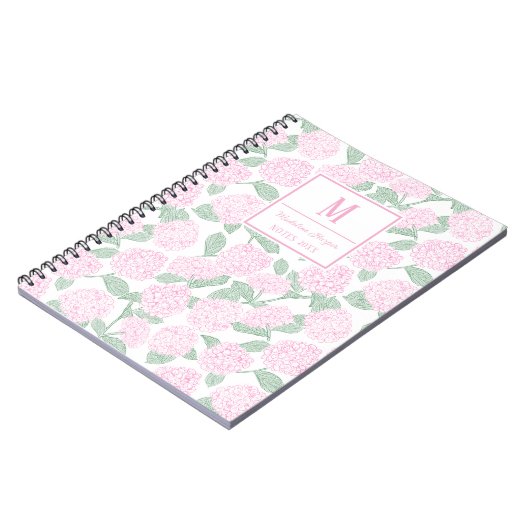 Preppy Pink und Green Hydrangeas Monogram Notizblock (Linke Seite)